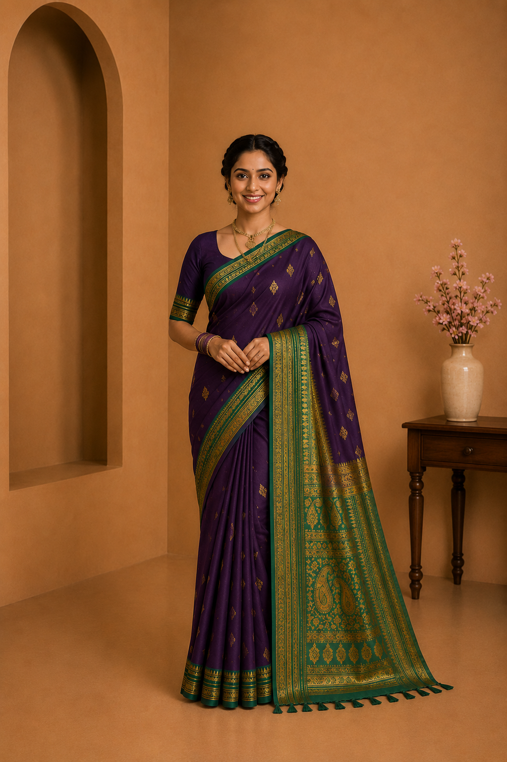 Royal Purple Silk Saree with Green Zari Border
