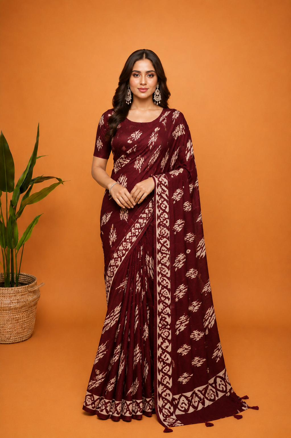 Maroon Ethnic Printed Saree with Traditional Border Design