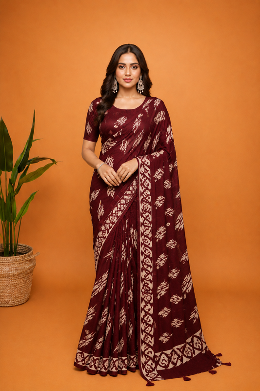 Maroon Ethnic Printed Saree with Traditional Border Design