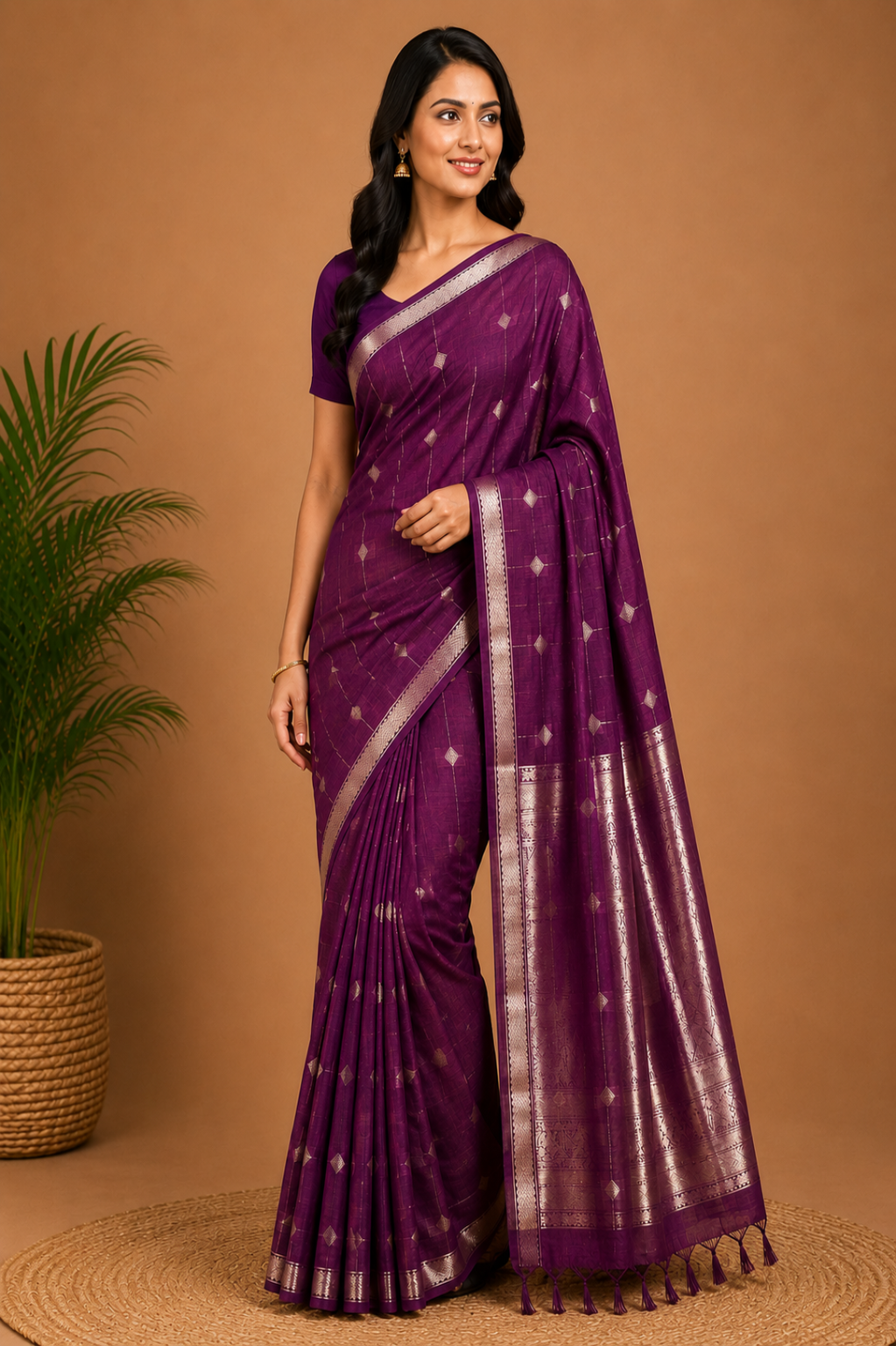 Royal Purple Maheshwari Silk Saree with Elegant Zari Border