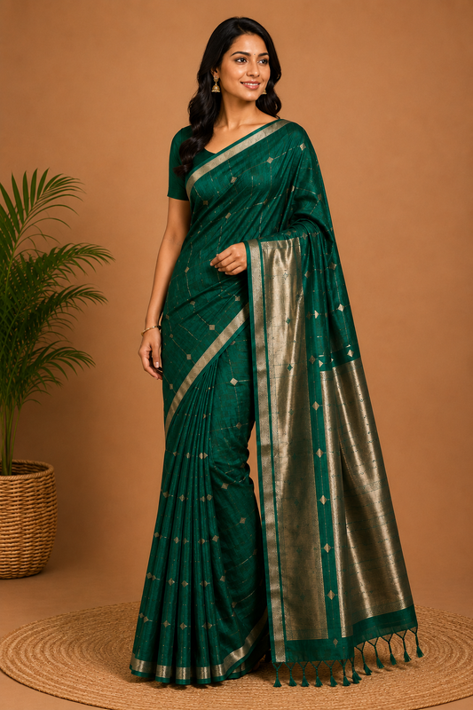 Elegant Teal Green Maheshwari Silk Saree with Silver Zari Pallu