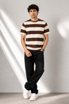 Men's Brown & Off-White Striped Casual T-Shirt