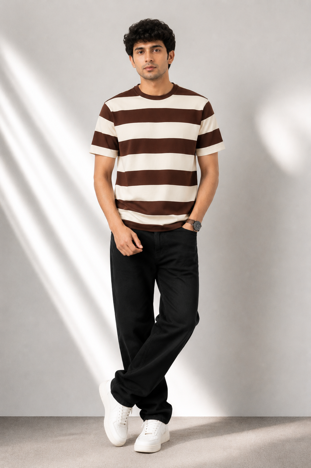 Men's Brown & Off-White Striped Casual T-Shirt