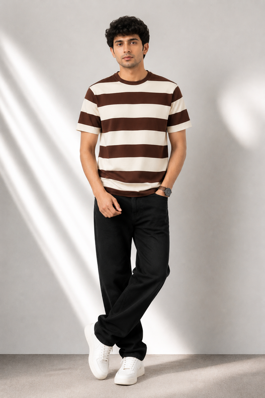 Men's Brown & Off-White Striped Casual T-Shirt