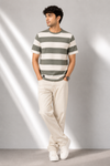 Men's Olive Green & Off-White Striped Round Neck T-Shirt
