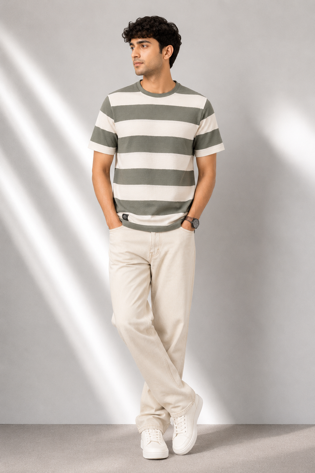 Men's Olive Green & Off-White Striped Round Neck T-Shirt