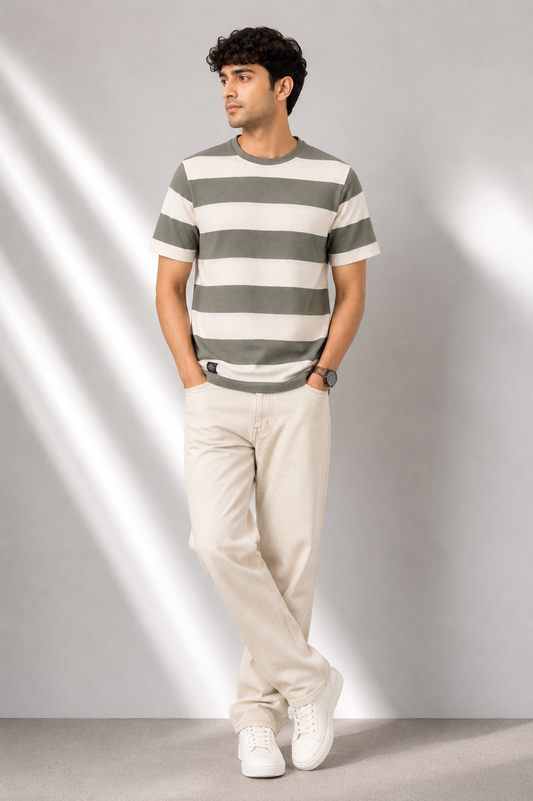 Men's Olive Green & Off-White Striped Round Neck T-Shirt