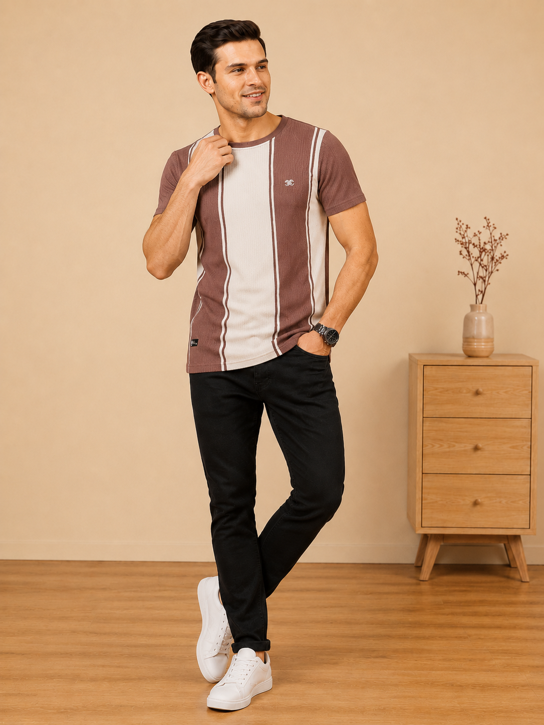 Men's Dusty Rose & Off-White Vertical Stripe Premium T-Shirt