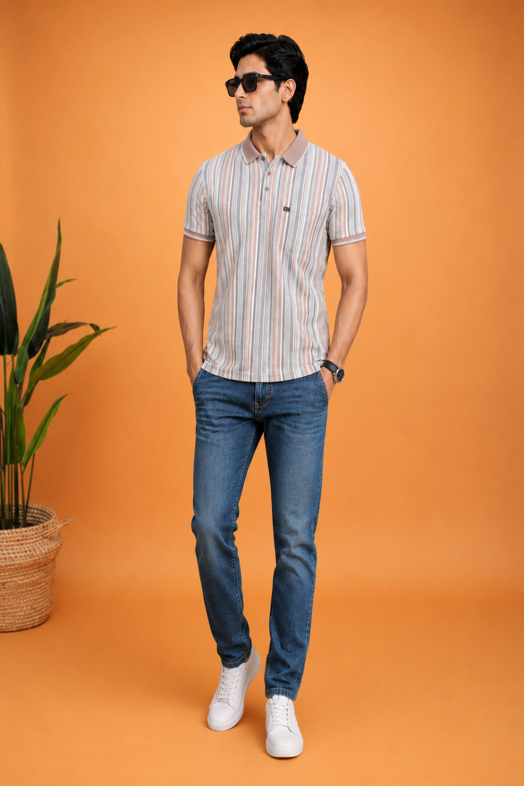 Men's Pastel Stripe Polo T-Shirt with Collar – White, Blue & Dusty Pink