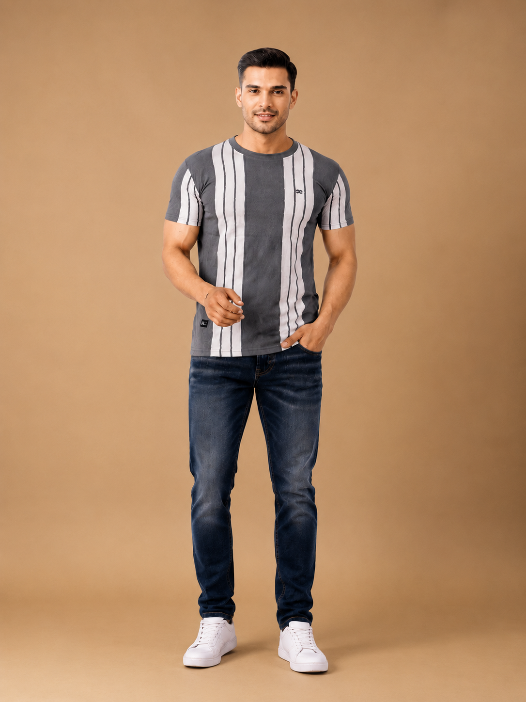 en's Grey Vertical Stripe Round Neck T-Shirt