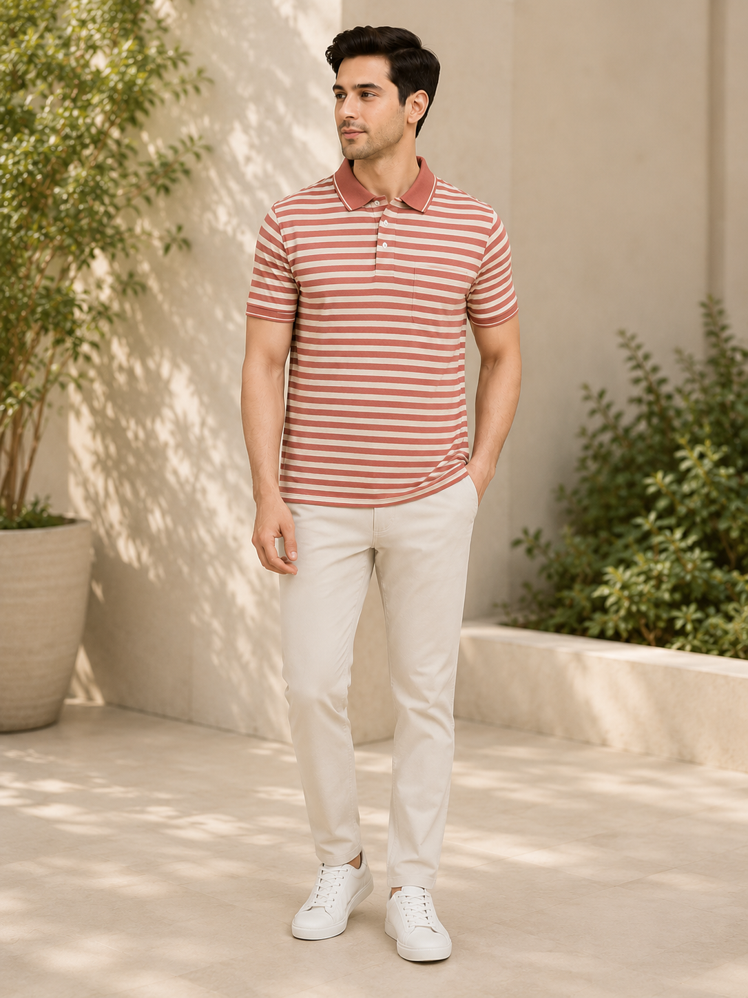 Men's Dusty Rose Striped Polo T-Shirt