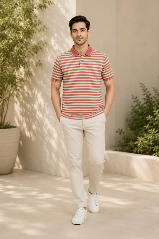 Men's Dusty Rose Striped Polo T-Shirt