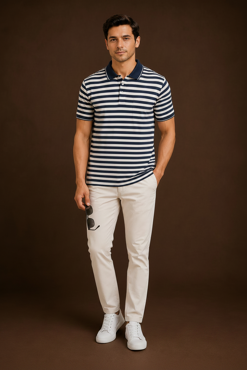 Men's Navy & White Striped Polo T-Shirt