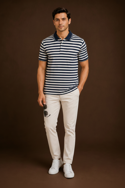 Men's Navy & White Striped Polo T-Shirt