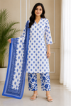 Blue Bloom Printed Kurti Pant & Dupatta Set for Women