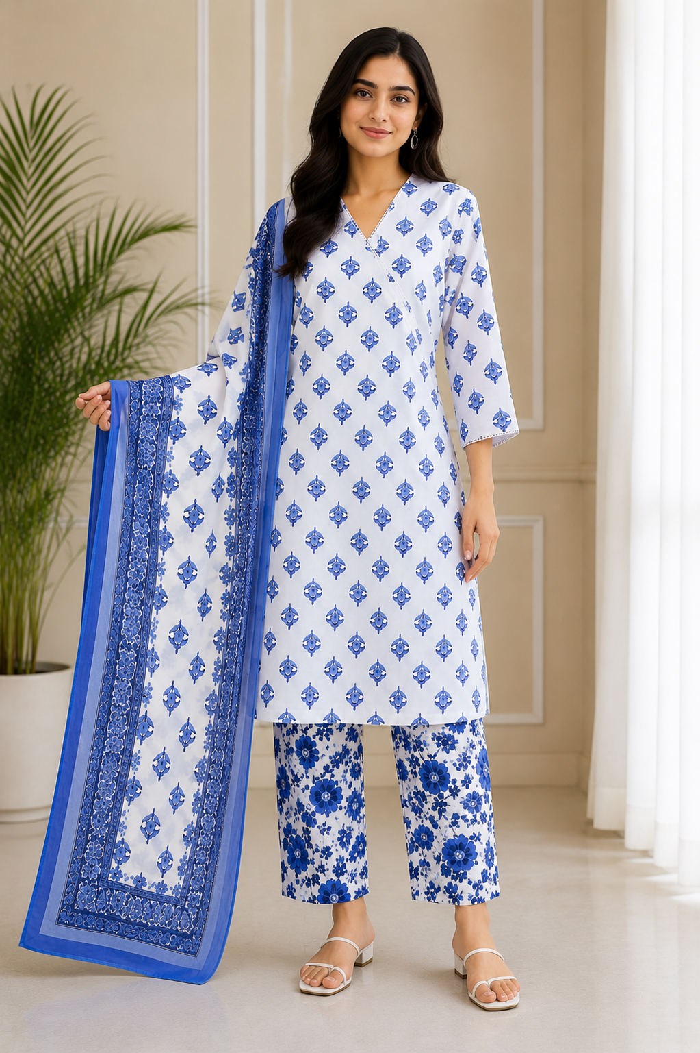 Blue Bloom Printed Kurti Pant & Dupatta Set for Women