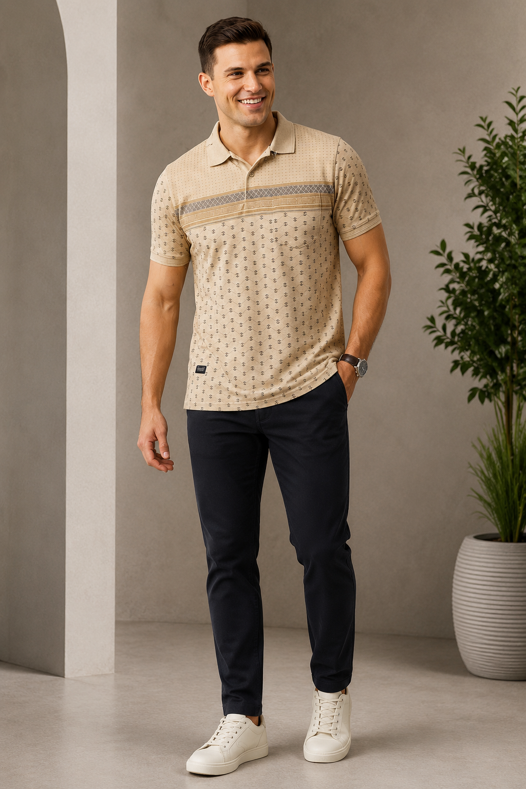 Men's Camel Beige Geometric Printed Polo T-Shirt