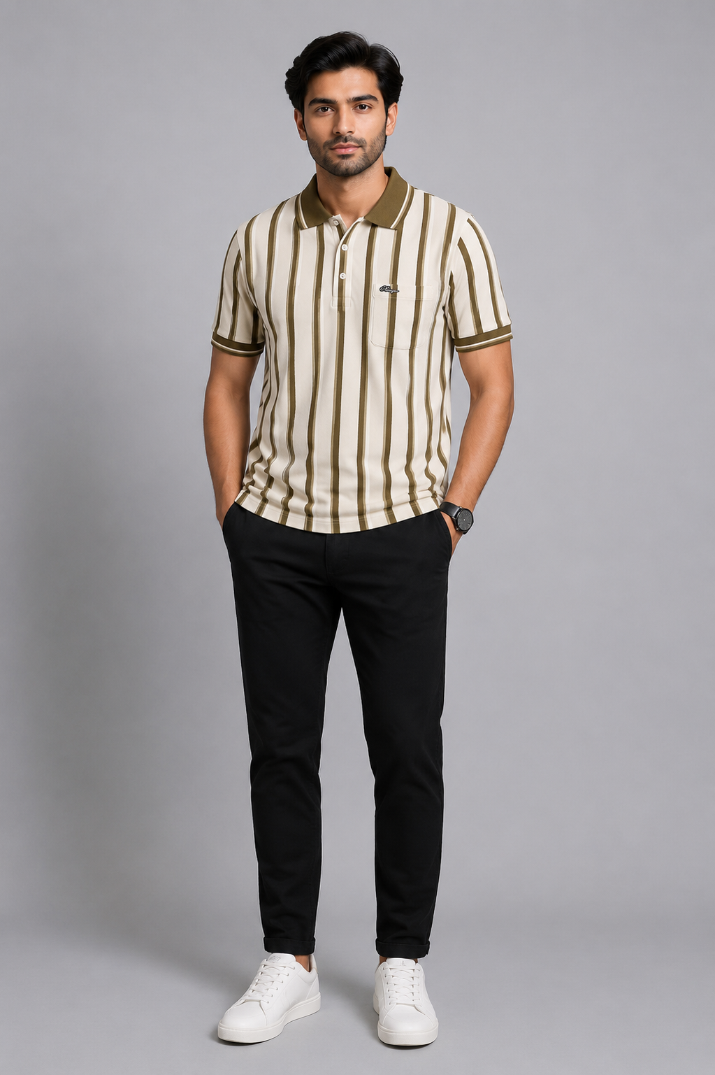 Men's Cream & Olive Vertical Stripe Polo T-Shirt |
