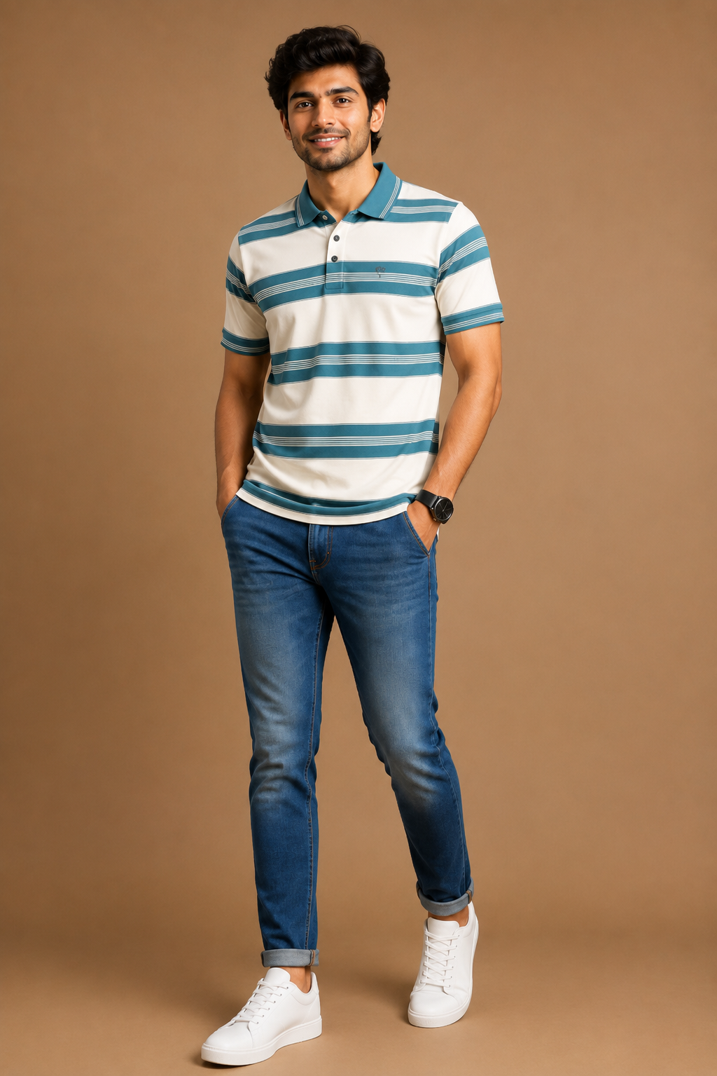 Men's Premium Teal Striped Polo T-Shirt