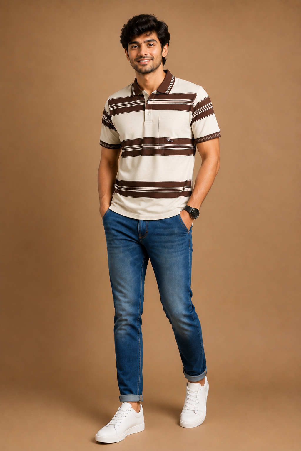 Men's Premium Brown Striped Polo T-Shirt
