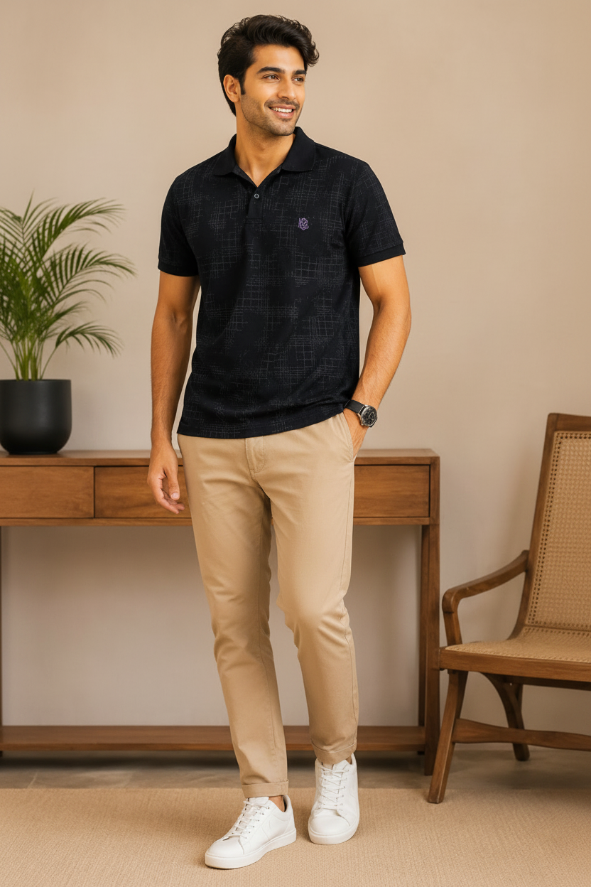 Men's Black Textured Polo T-Shirt |
