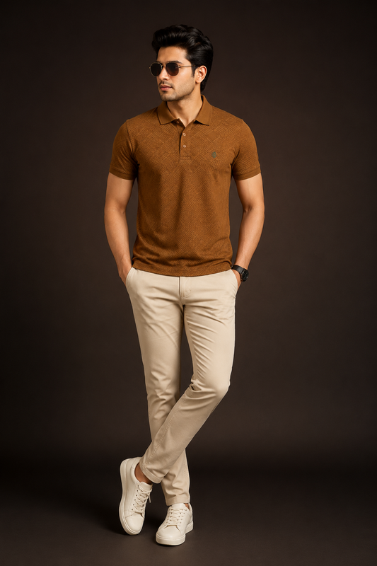 Men's Brown Textured Polo T-Shirt – Premium Casual Smart Fit