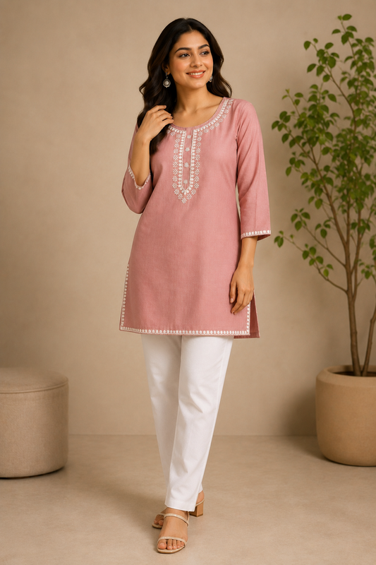 Women's Blush Pink Embroidered Straight Tunic Top