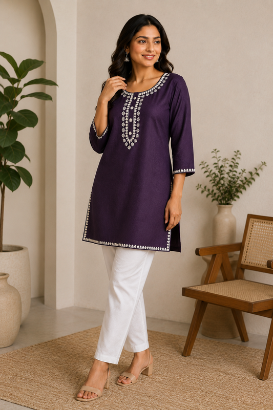 Women's Purple Embroidered Straight Tunic Top