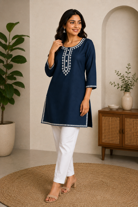 Women's Navy Blue Embroidered Cotton Blend Tunic Top