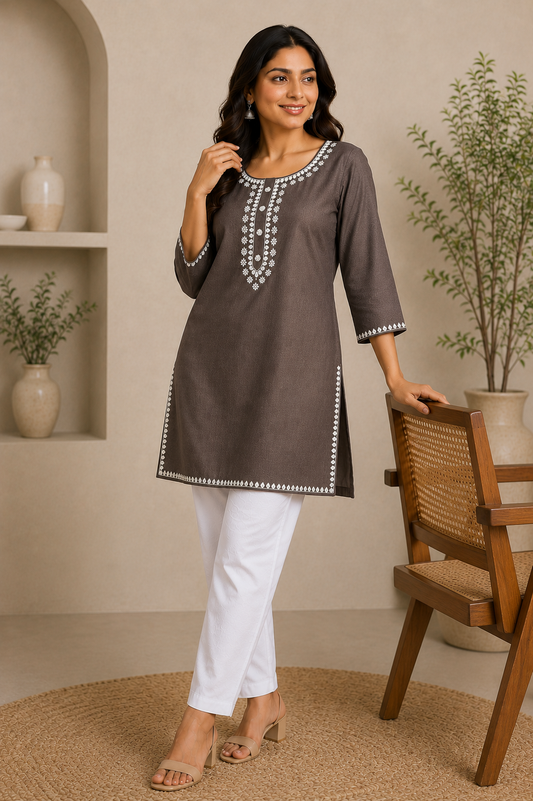 Women's Grey Embroidered Straight Tunic Top