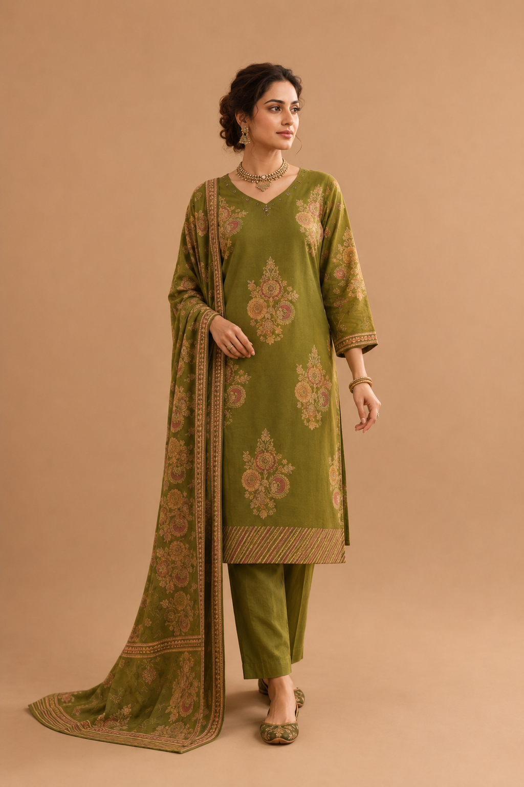 Elegant Olive Green Floral Printed Kurta Pant & Dupatta Set for Women