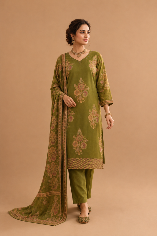 Elegant Olive Green Floral Printed Kurta Pant & Dupatta Set for Women