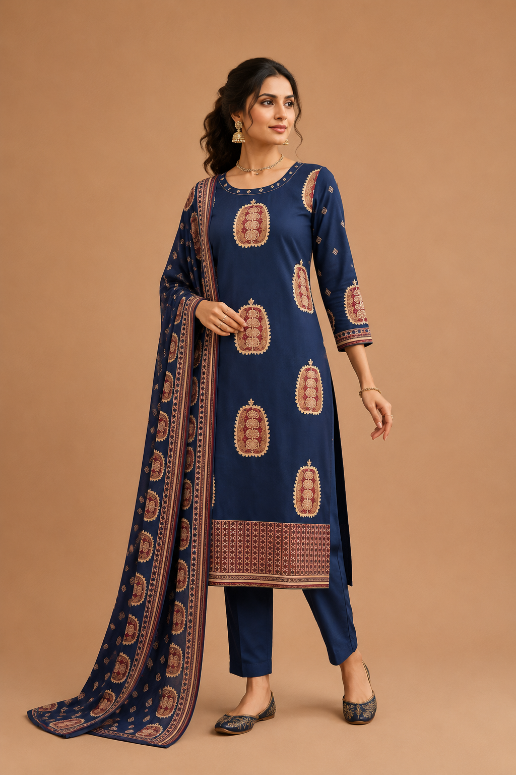 Royal Blue Ethnic Printed Kurti Pant & Dupatta Set