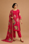 Pink Floral Printed Cotton Kurti Pant & Dupatta Set