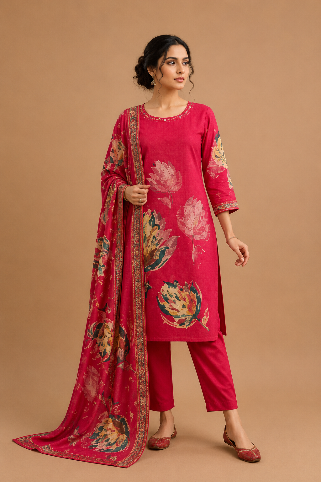 Pink Floral Printed Cotton Kurti Pant & Dupatta Set