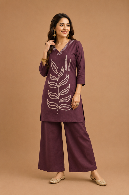 Purple Botanical Print Cotton Blend Co-Ord Set for Women