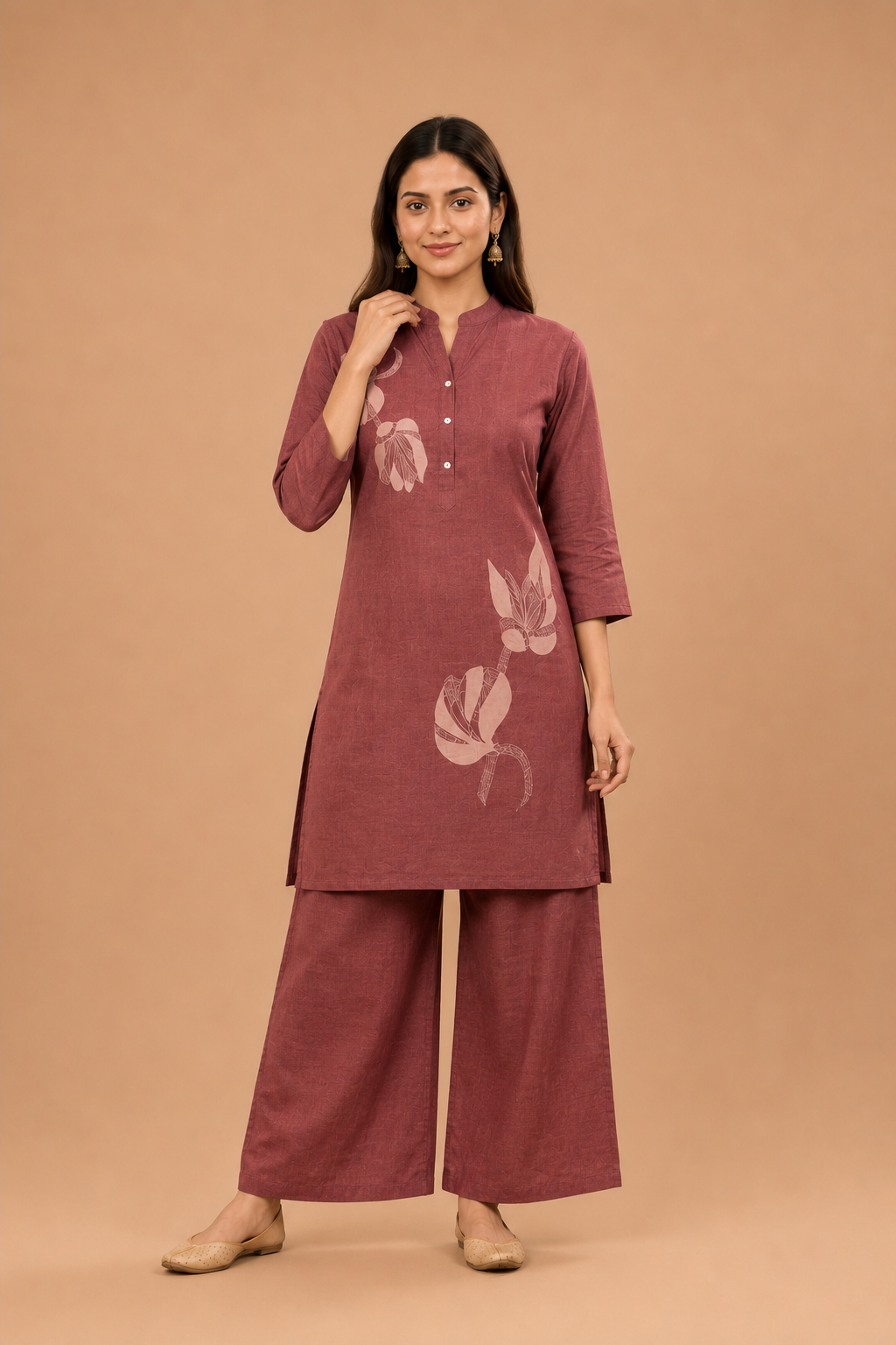 Maroon Floral Printed Cotton Blend Co-Ord Set for Women