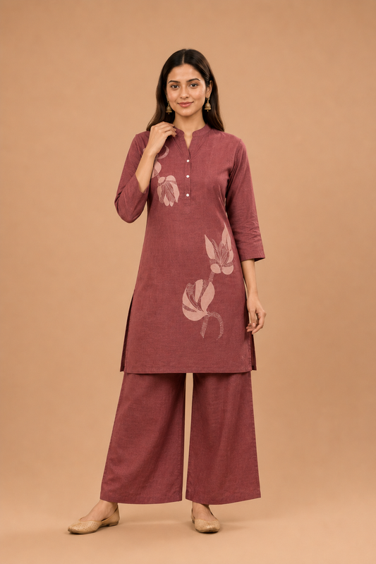 Maroon Floral Printed Cotton Blend Co-Ord Set for Women