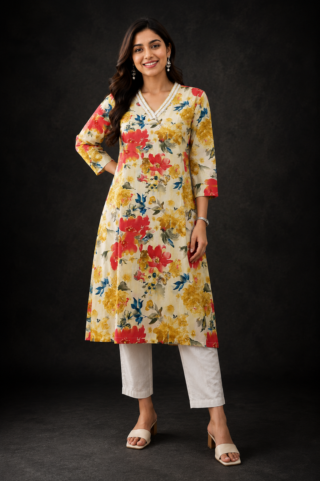 Women's Cream Floral Printed Straight Kurti with Embellished V-Neck