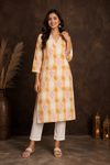 Women's Mustard Yellow & Off-White Printed Straight Kurti with Embroidered V-Neck