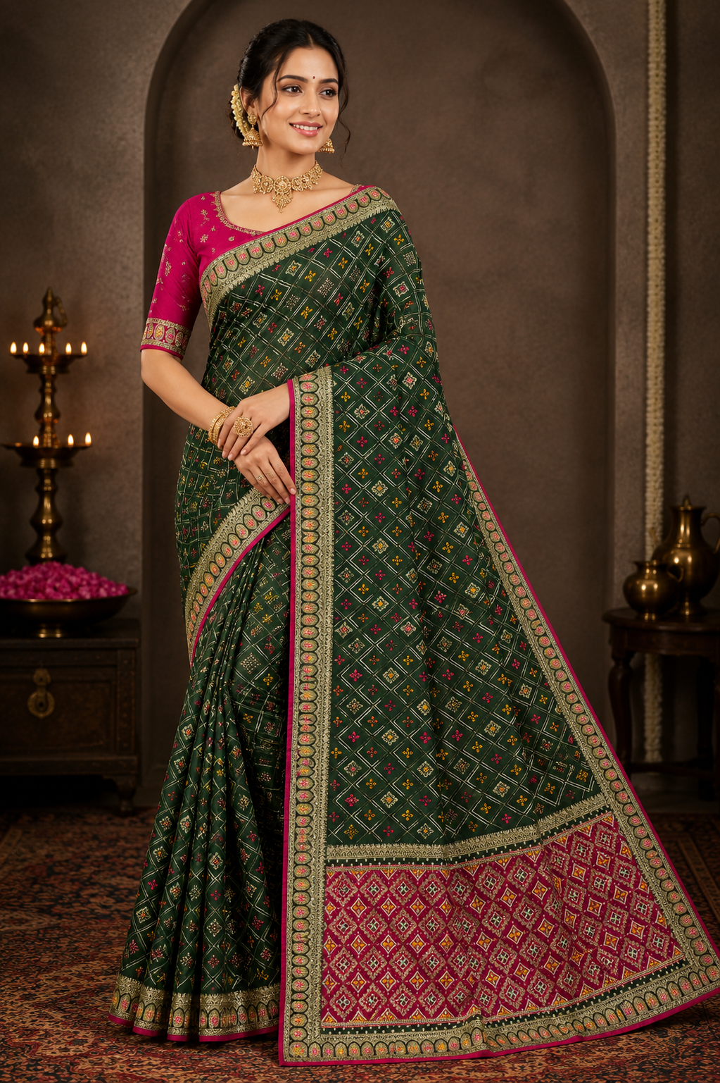 Emerald Green Designer Silk Saree with Pink Contrast Pallu & Zari Border