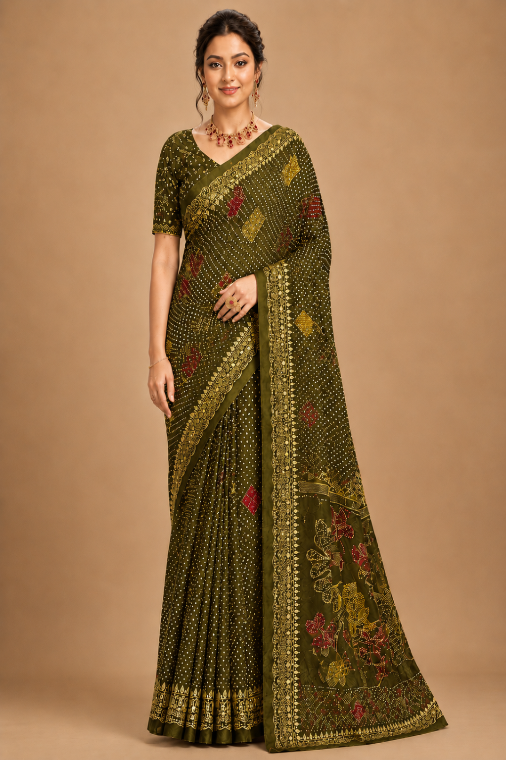 Olive Green Royal Bandhani Saree with Designer Pallu
