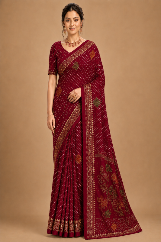 Maroon Bandhani Printed Saree with Elegant Border Design  Description: