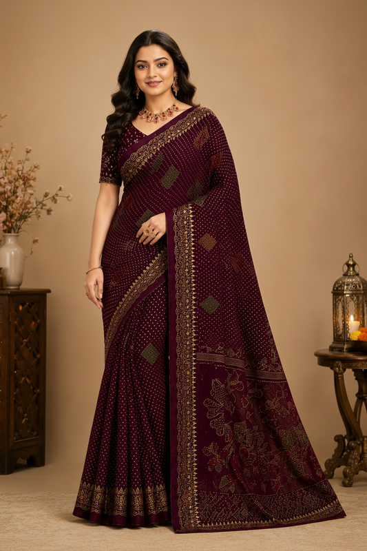 Royal Bandhani Wine Colour Saree with Designer Embroidered Pallu