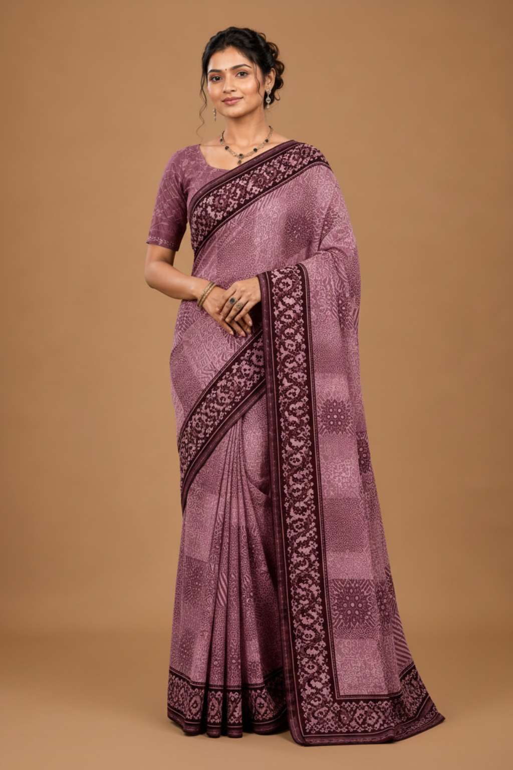 Dusty Rose Printed Saree with Deep Wine Border