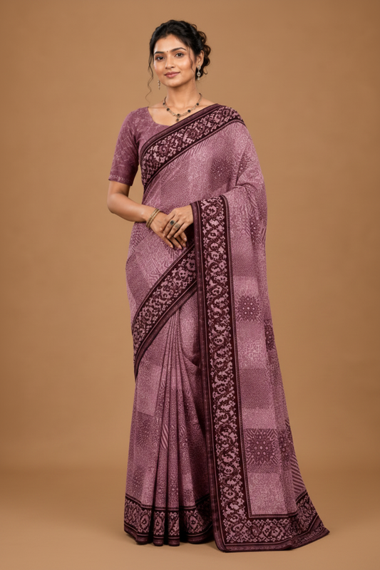 Dusty Rose Printed Saree with Deep Wine Border