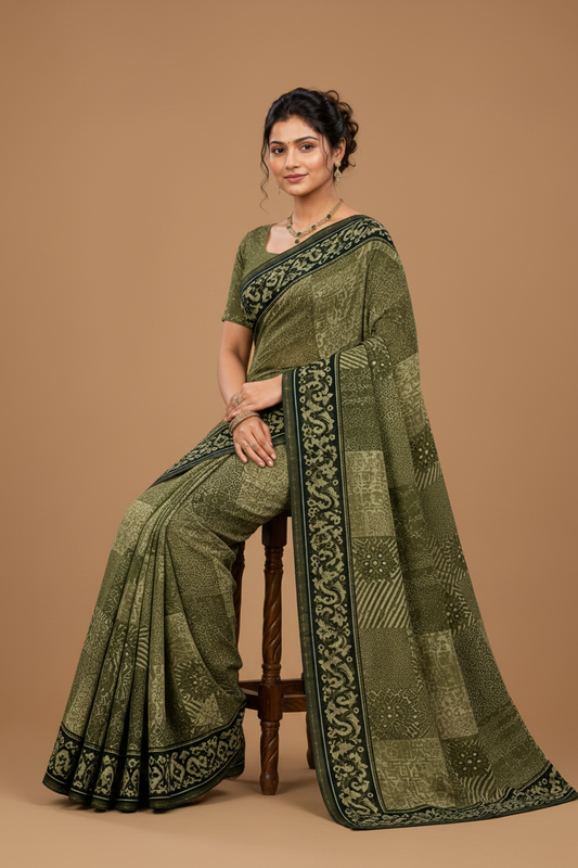 Elegant Olive Green Printed Saree with Dark Designer Border