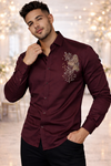 Men’s Premium Maroon Satin Party Wear Shirt with Gold Embroidered Floral