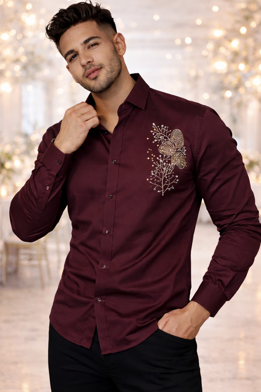 Men’s Premium Maroon Satin Party Wear Shirt with Gold Embroidered Floral