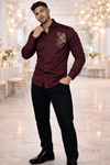Men’s Premium Maroon Satin Party Wear Shirt with Gold Embroidered Floral
